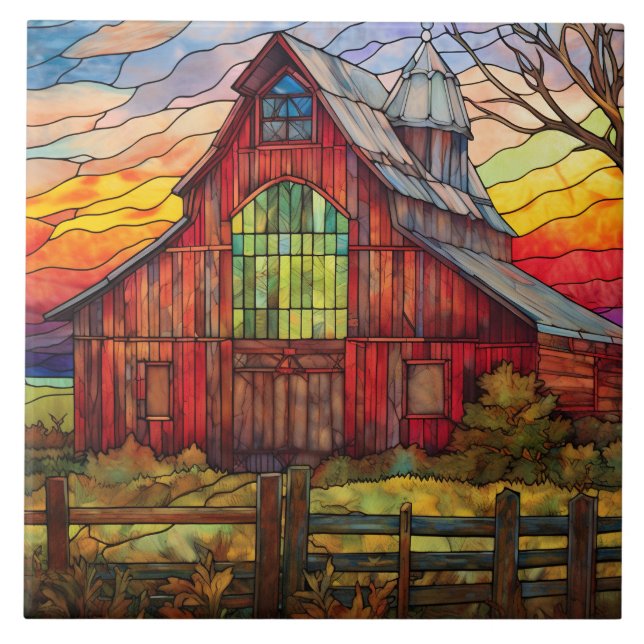 faux stained glass barn ceramic tile (Front)