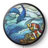 Faux Stained Glass Clown Fish and Dolphins LED Sign (Lights Off)