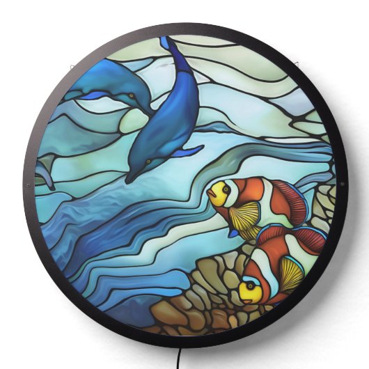 Faux Stained Glass Clown Fish and Dolphins LED Sign (Lights Off)