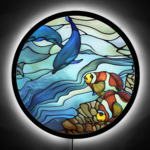Faux Stained Glass Clown Fish and Dolphins  LED Sign