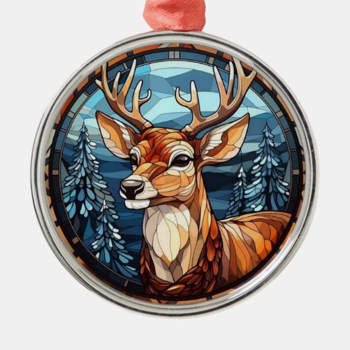 Faux Stained Glass Deer Traditional Christmas Metal Ornament