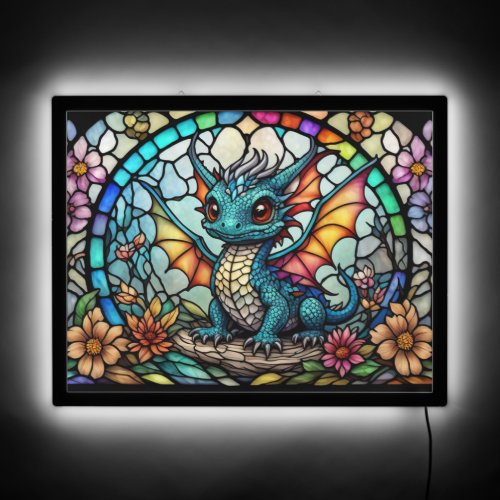 Faux Stained Glass Dragon with Flowers LED Sign