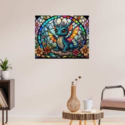 Faux Stained Glass Dragon with Flowers Poster