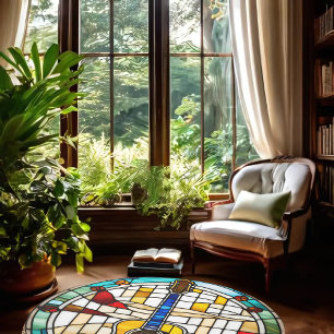 Faux Stained Glass Guitar 5' Round Rug