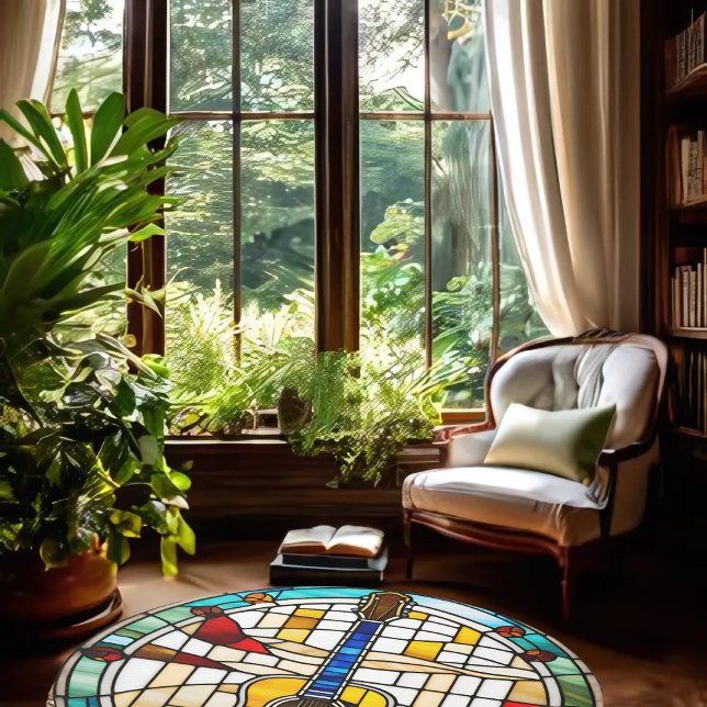 Faux Stained Glass Guitar 5' Round Rug (Creator Uploaded)