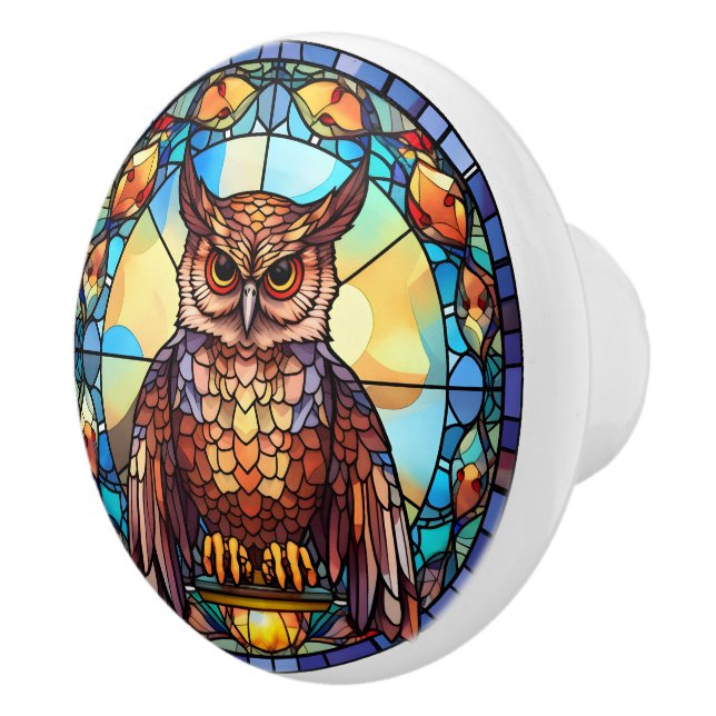 faux stained glass owl ceramic knob (Right)
