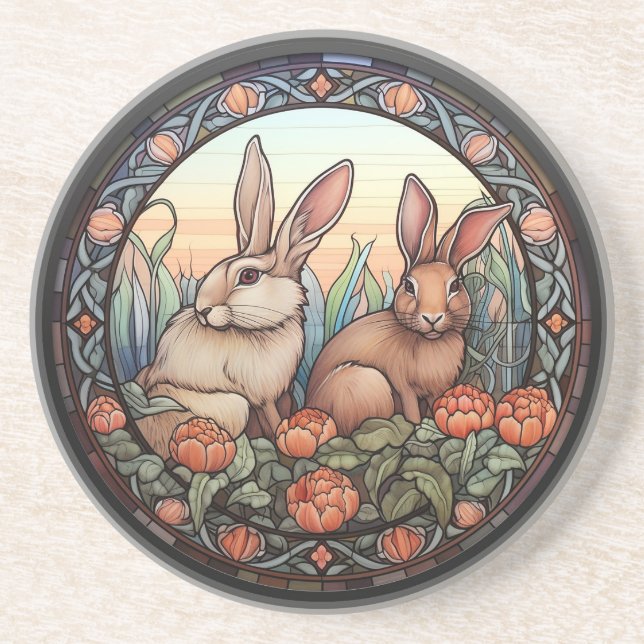 Faux Stained Glass Rabbits Coaster (Front)