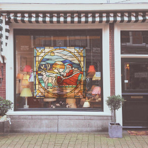 Faux Stained-Glass Santa Claus in Sleigh Waiting Window Cling