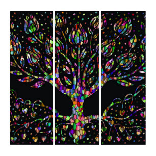 Faux Stained Glass Tree Of Prosperity Triptych
