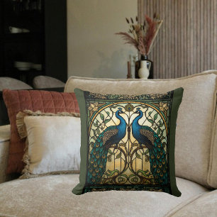 Faux Stained Glass Twin Mirrored Peacocks Throw Pillow
