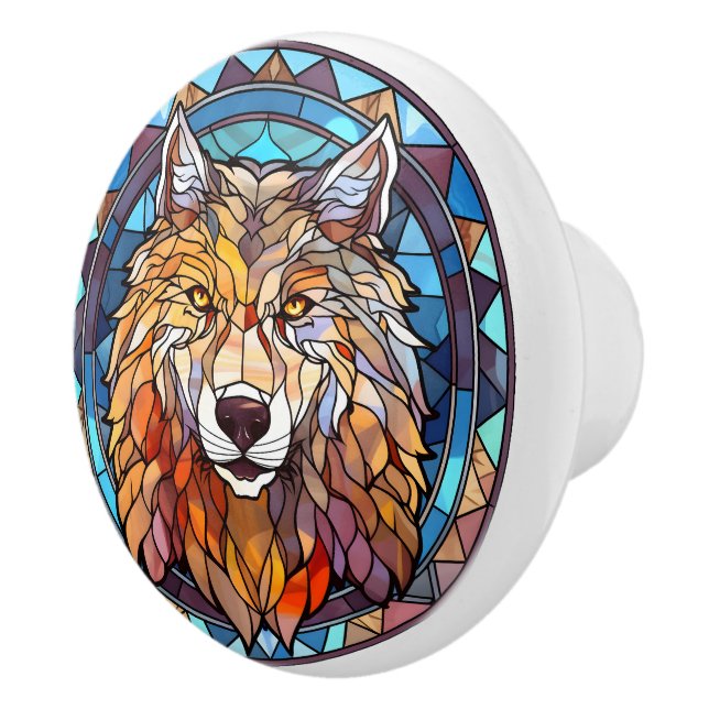 faux stained glass wolf  ceramic knob (Right)