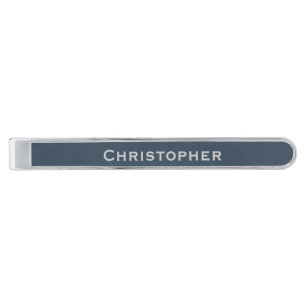 * Faux Stamped Mottled Navy Blue Silver Finish Tie Bar