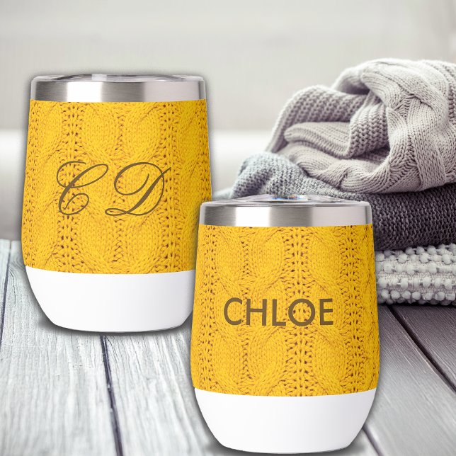 Faux Sweater Knit Custom Name & Monogram Thermal Wine Tumbler (Creator Uploaded)