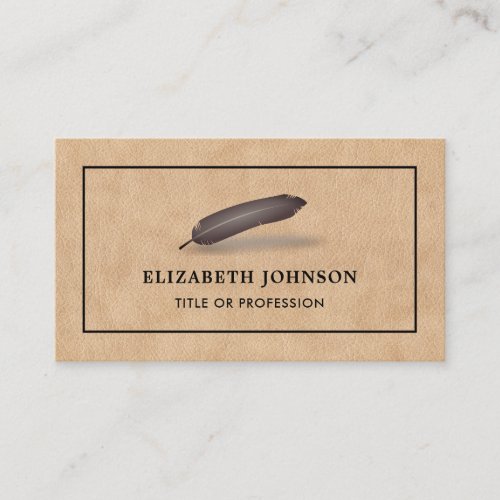 Faux Tan Leather Brown Feather Vintage Quill Pen Business Card