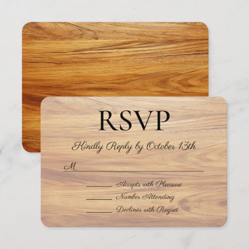 Faux Teak Wood Look Calligraphy Wedding RSVP Card