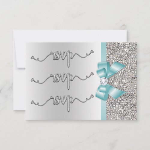 Faux Teal Bow Silver Sequins RSVP Wedding