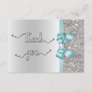 Faux Teal Bow Silver Sequins Thank You Wedding