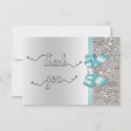 Faux Teal Bow Silver Sequins Thank You Wedding
