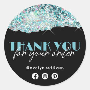 Faux Teal Chunky Glitter Thank You Sticker