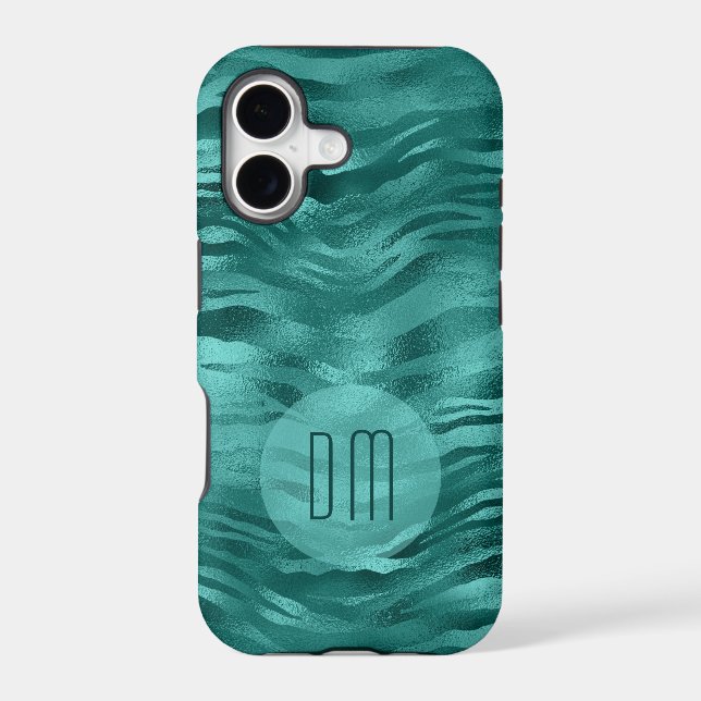 Faux Teal Foil Stripe Waves Monogram iPhone Case (Back)