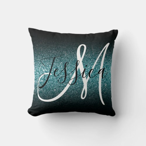 Faux Teal Glitter Black Ombre Monogram Throw Pillow