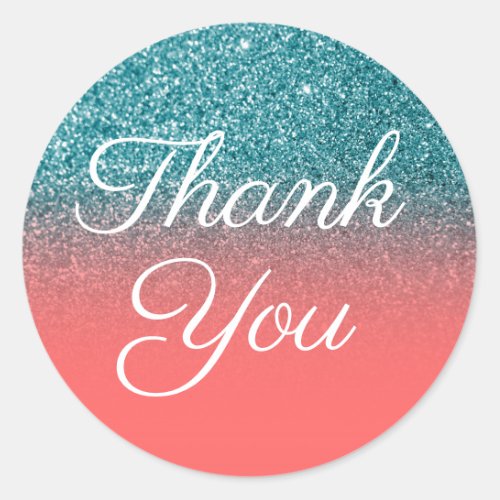 Faux Teal Glitter Coral Ombre Thank You Classic Round Sticker
