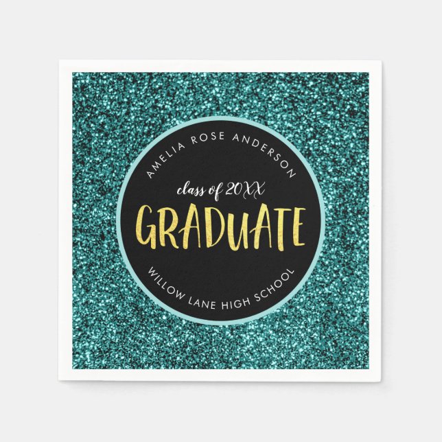 Faux Teal Glitter Graduate Graduation Napkins (Front)