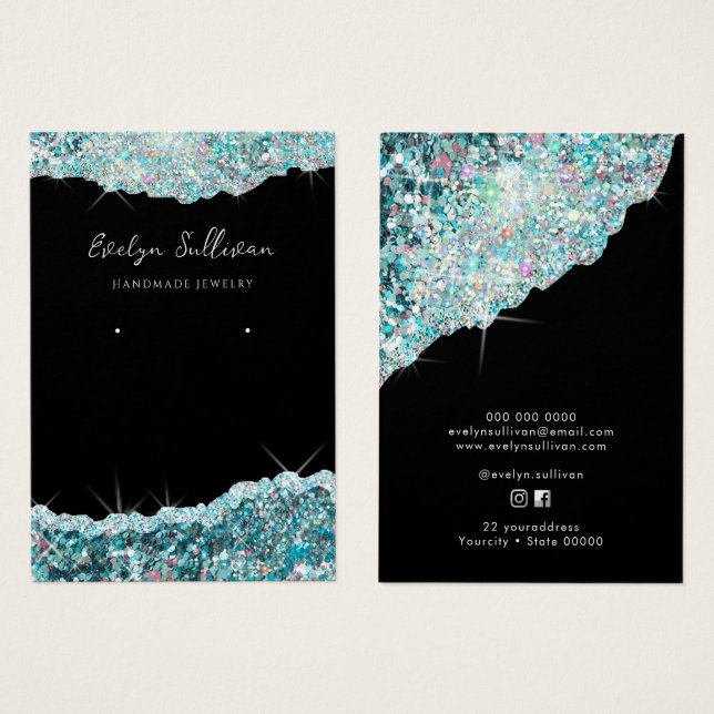 Faux teal glitter jewelry display card (Front & Back)