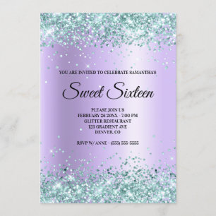 Faux Teal Glitter Lavender Satin Foil Sweet 16 Invitation