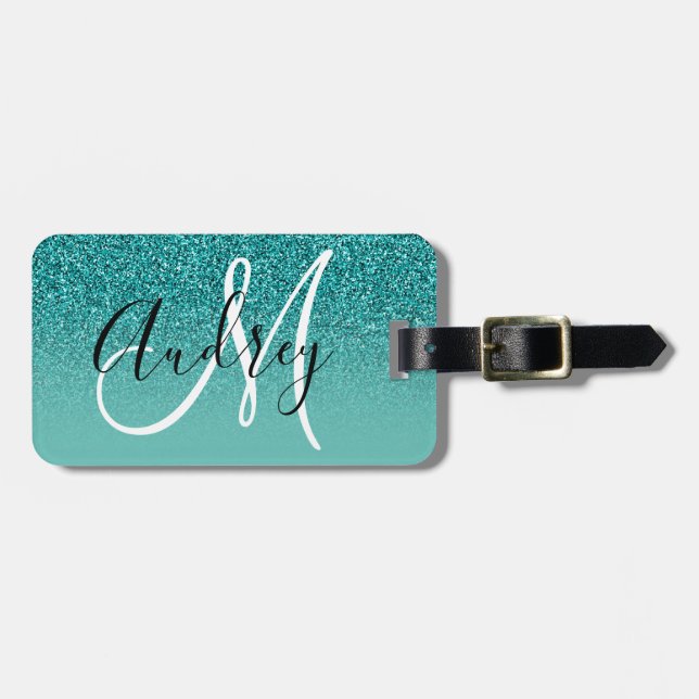 Faux Teal Glitter Ombre Personalized Monogram Luggage Tag (Front Horizontal)