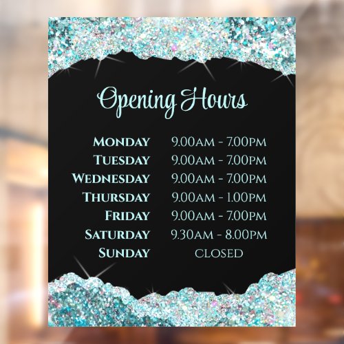 Faux Teal Glitter Opening Hours Window Cling