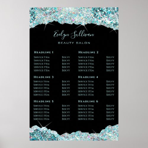 Faux teal glitter price list poster