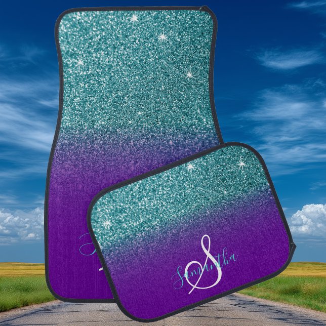 Faux Teal Glitter Purple Gradient Monogram Car Floor Mat (Faux Teal Glitter Purple Gradient Monogram Car Floor Mats)