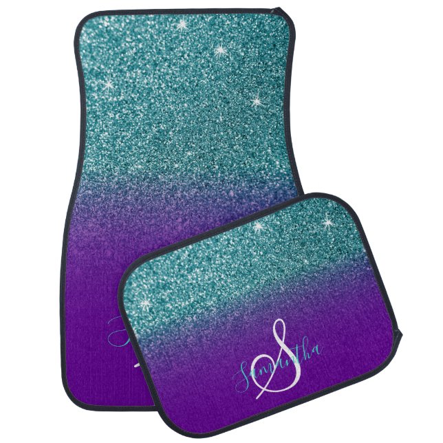 Faux Teal Glitter Purple Gradient Monogram Car Floor Mat (Set)