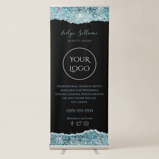 faux teal glitter retractable banner (Front)