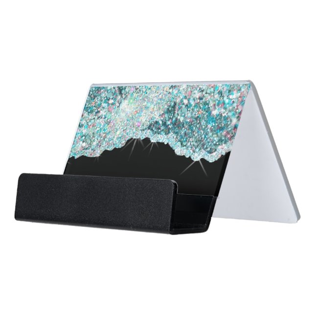 Faux teal glitter sequin desk business card holder (Angled Front)