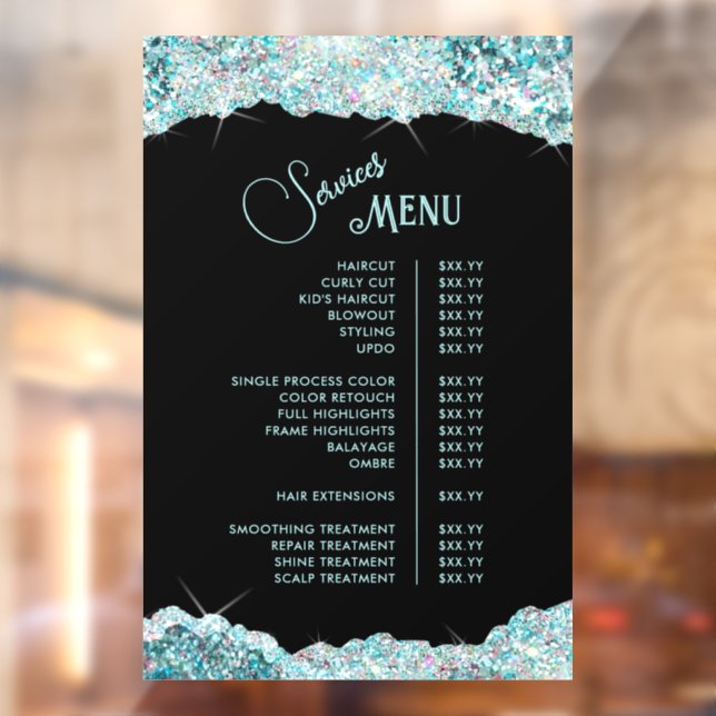 Faux Teal Glitter Services Menu Window Cling (Sheet 2)