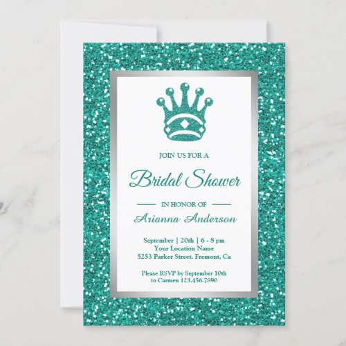 Faux Teal Glitter Tiara Princess Bridal Shower Invitation