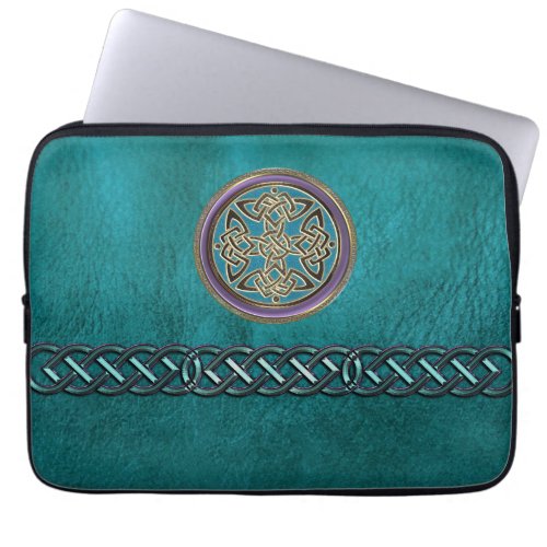 Faux Teal Leather With Celtic Knot Laptop Sleeve