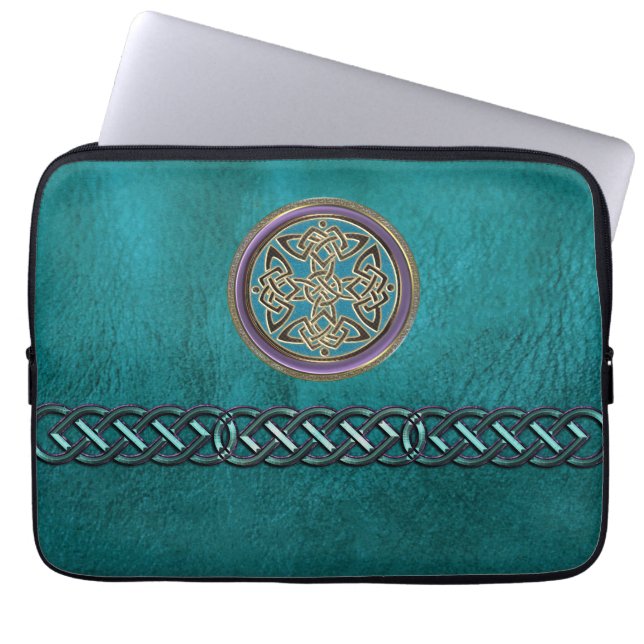 Faux Teal Leather With Celtic Knot Laptop Sleeve (Front)