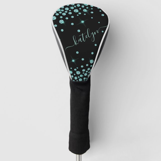Faux Teal Rhinestone Diamonds Personalized Driver Golf Head Cover (Front)
