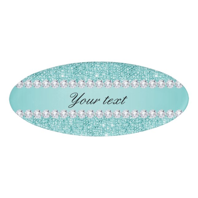 Faux Teal Sequins and Diamonds Name Tag (Front)
