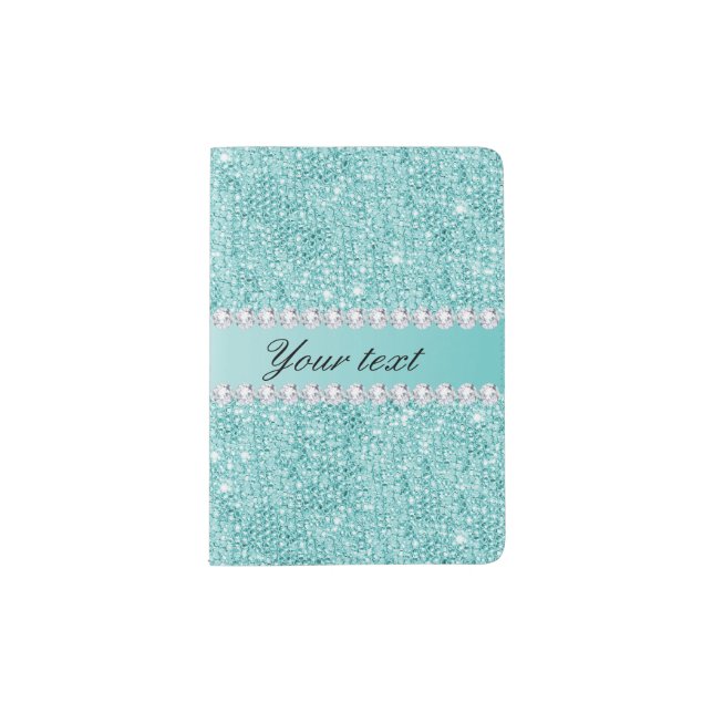Faux Teal Sequins and Diamonds Passport Holder (Front)