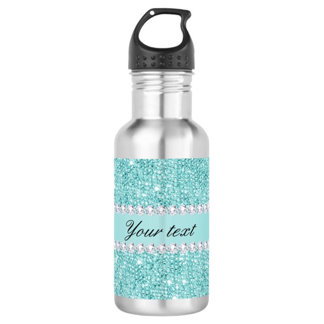 Faux Teal Sequins and Diamonds Stainless Steel Water Bottle (Front)
