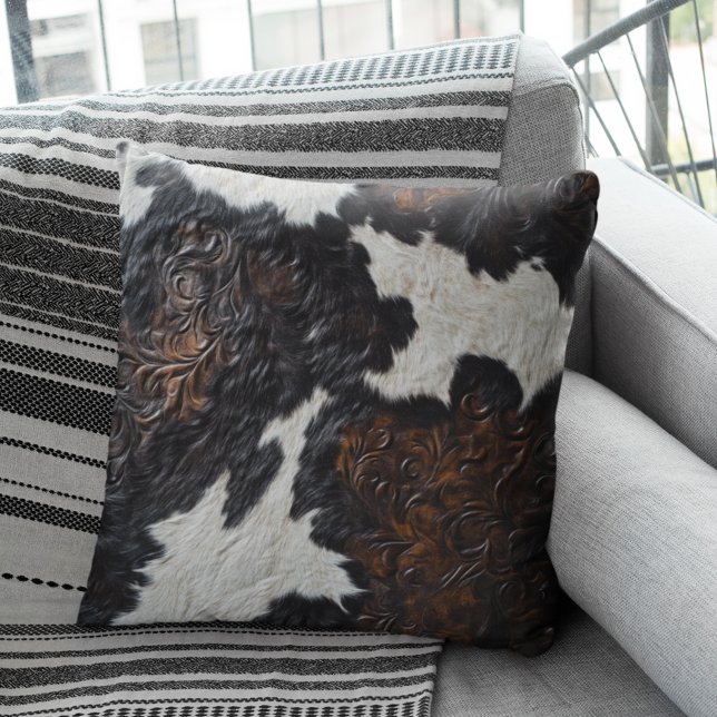 Faux Tooled Brown Leather Cow Hide fur Throw Pillow (Creator Uploaded)
