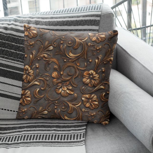 Faux Tooled Brown Leather Western Throw Pillow (Creator Uploaded)