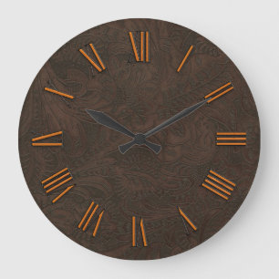 Faux Tooled, Carved Leather & Copper-look Numerals Large Clock