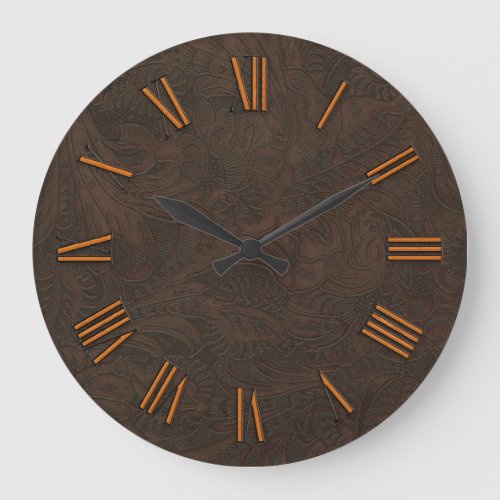 Faux Tooled Carved Leather  Copper_look Numerals Large Clock