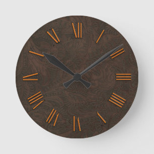 Faux Tooled, Carved Leather & Copper-look Numerals Round Clock