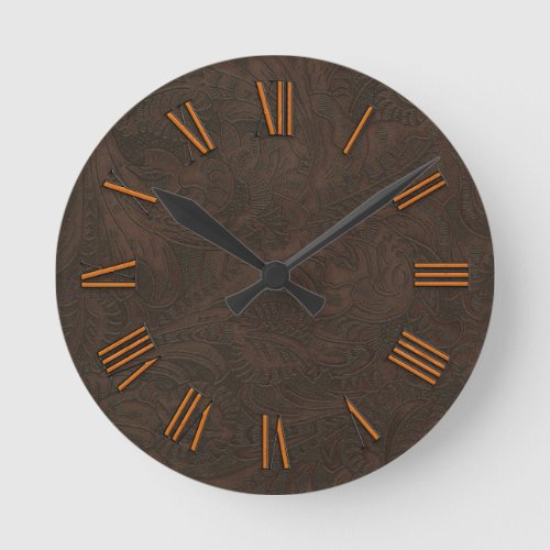 Faux Tooled Carved Leather  Copper_look Numerals Round Clock